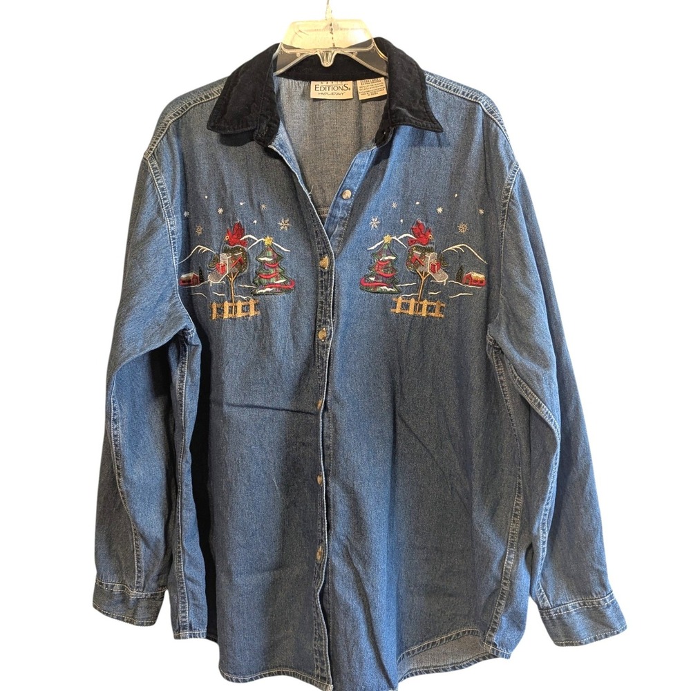 Basic Editions Holiday Denim Shirt Womens XL Blue Embroidered Cardinal Corduroy